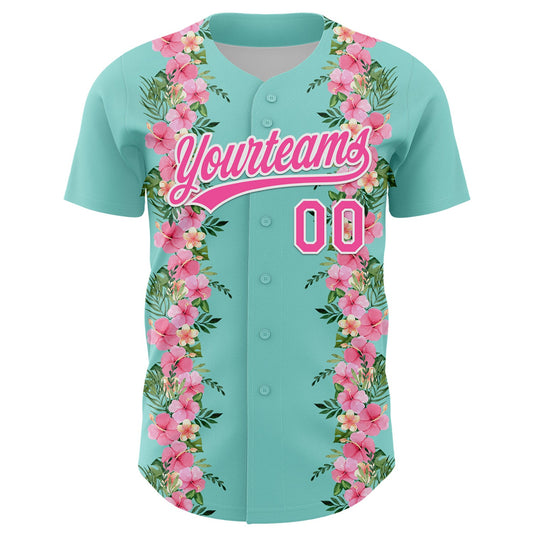 Custom Ice Blue Pink-White 3D Tropical Hawaii Jungle Leaves And Flower Authentic Baseball Jersey - Sky-Custom