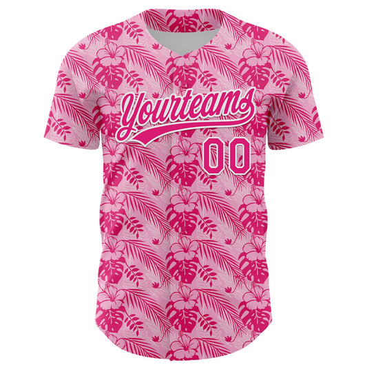 Custom Hot Pink White 3D Tropical Hawaii Jungle Leaves And Flower Authentic Baseball Jersey - Sky-Custom