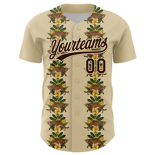 Custom Cream Brown 3D Tropical Hawaii Jungle Plant And Leopard Authentic Baseball Jersey - Sky-Custom