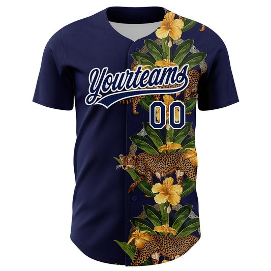 Custom Navy White 3D Tropical Hawaii Jungle Plant And Leopard Authentic Baseball Jersey - Sky-Custom