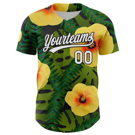 Custom Green White-Black 3D Tropical Hawaii Jungle Leaves And Flower Authentic Baseball Jersey - Sky-Custom