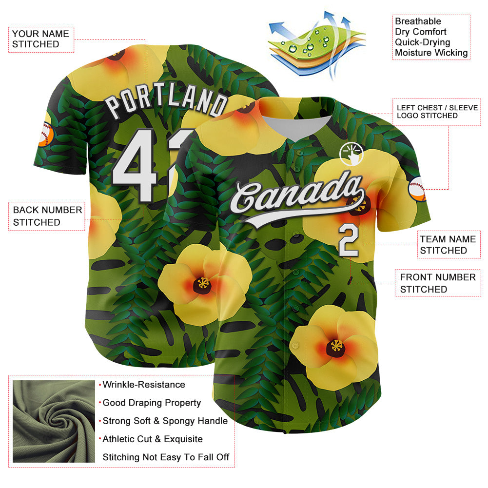 Custom Green White-Black 3D Tropical Hawaii Jungle Leaves And Flower Authentic Baseball Jersey - Sky-Custom