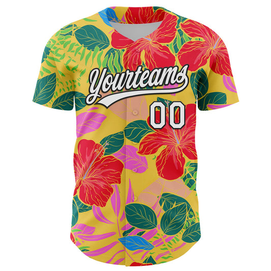 Custom Red White-Black 3D Tropical Hawaii Jungle Leaves And Flower Authentic Baseball Jersey - Sky-Custom