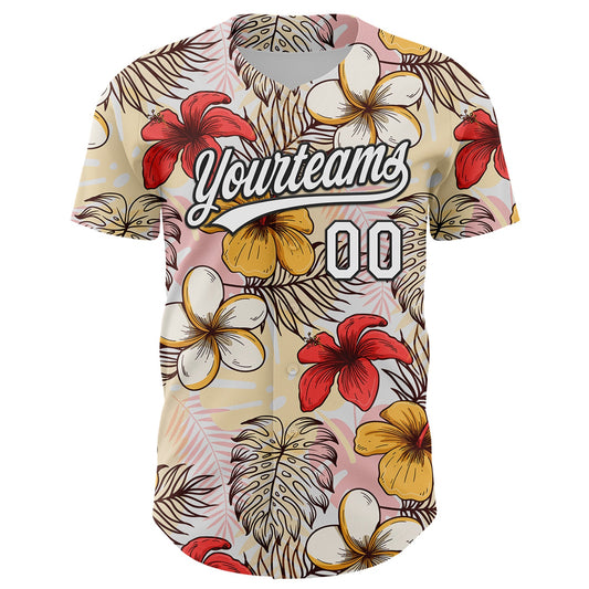 Custom White Black 3D Tropical Hawaii Jungle Leaves And Flower Authentic Baseball Jersey - Sky-Custom