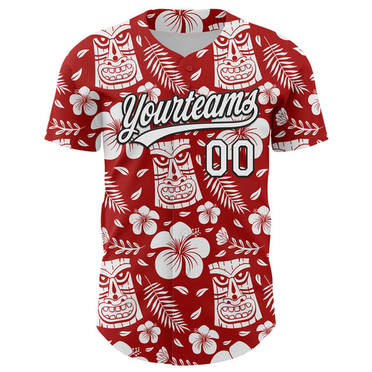 Custom Red White-Black 3D Tropical Hawaii Jungle Leaves Flower And Tiki Mask Authentic Baseball Jersey - Sky-Custom