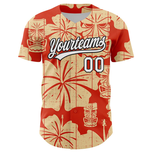 Custom Red White-Black 3D Tropical Hawaii Flower And Tiki Mask Authentic Baseball Jersey - Sky-Custom