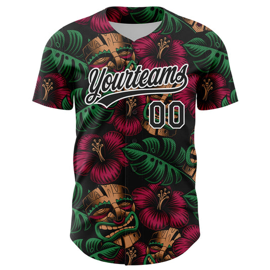 Custom Black White 3D Tropical Hawaii Jungle Leaves And Flower Authentic Baseball Jersey - Sky-Custom