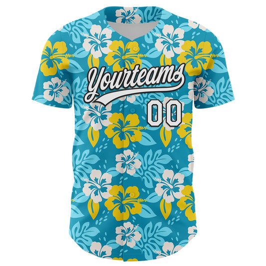 Custom Lakes Blue White-Black 3D Tropical Hawaii Jungle Leaves And Flower Authentic Baseball Jersey - Sky-Custom