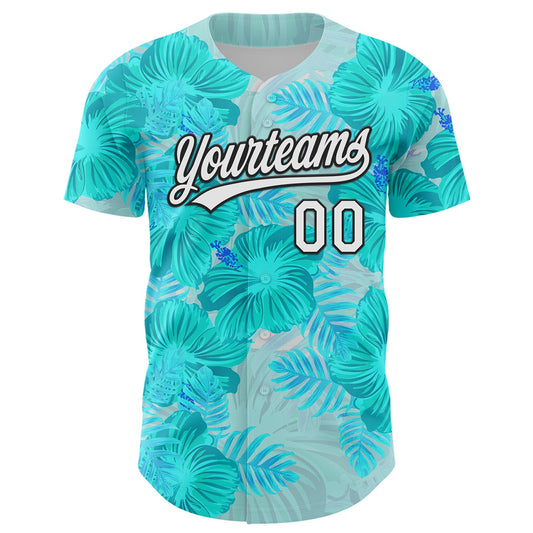 Custom Lakes Blue White-Black 3D Tropical Hawaii Jungle Leaves And Flower Authentic Baseball Jersey - Sky-Custom