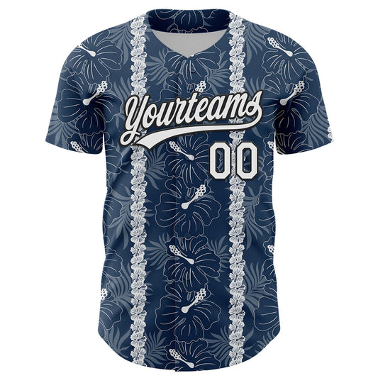 Custom Navy White-Black 3D Tropical Hawaii Jungle Leaves And Flower Authentic Baseball Jersey - Sky-Custom