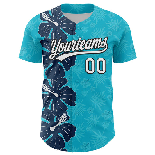 Custom Lakes Blue White-Black 3D Tropical Hawaii Jungle Leaves And Flower Authentic Baseball Jersey - Sky-Custom