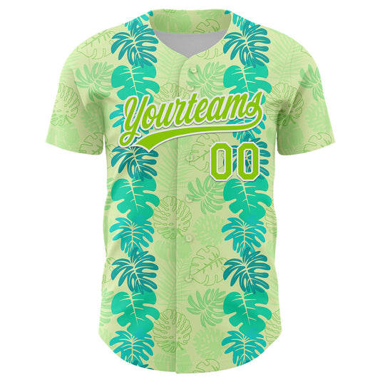 Custom Pea Green Neon Green-White 3D Tropical Hawaii Jungle Leaves Authentic Baseball Jersey - Sky-Custom