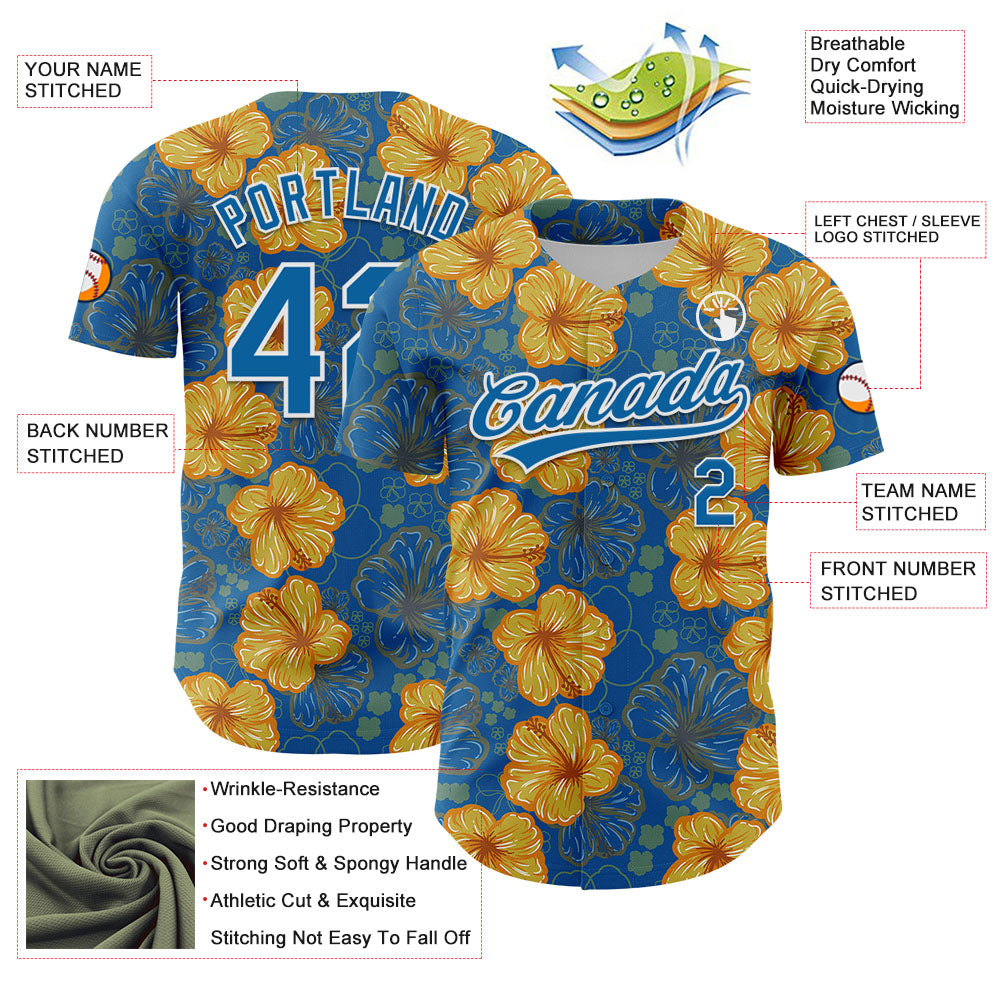 Custom Blue White 3D Tropical Hawaii Flower Authentic Baseball Jersey - Sky-Custom