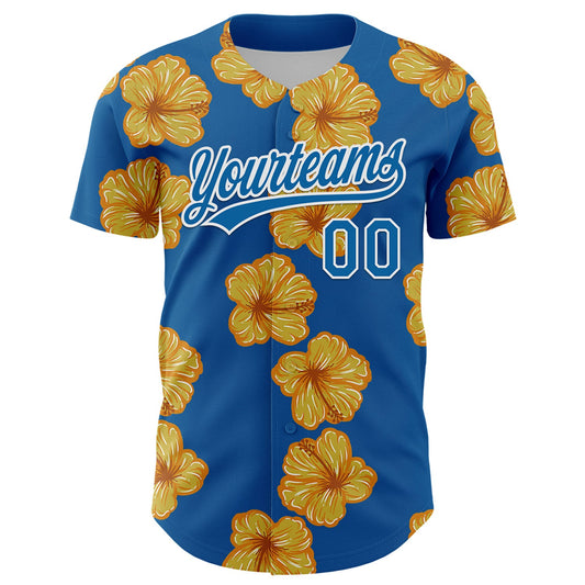 Custom Blue White 3D Tropical Hawaii Flower Authentic Baseball Jersey - Sky-Custom