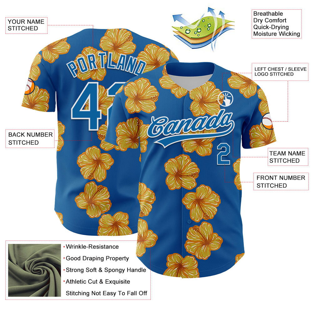 Custom Blue White 3D Tropical Hawaii Flower Authentic Baseball Jersey - Sky-Custom