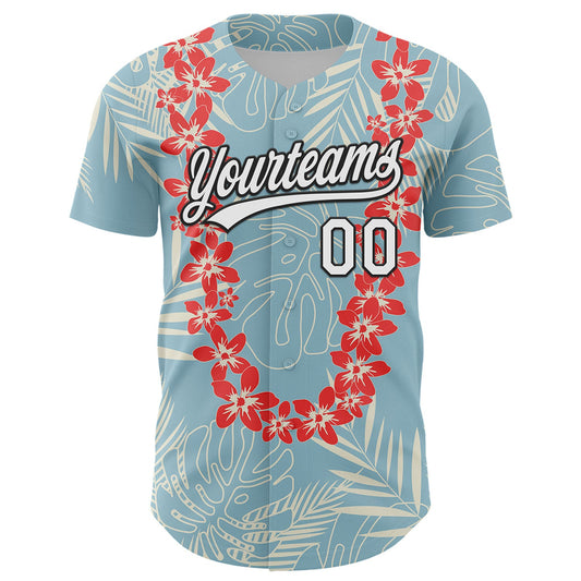 Custom Shadow Blue White-Black 3D Tropical Hawaii Leaves And Flower Authentic Baseball Jersey - Sky-Custom
