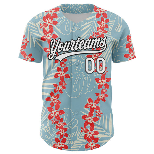 Custom Shadow Blue White-Black 3D Tropical Hawaii Leaves And Flower Authentic Baseball Jersey - Sky-Custom