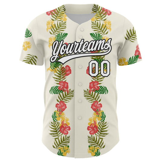 Custom White Black 3D Tropical Hawaii Leaves And Flower Authentic Baseball Jersey - Sky-Custom