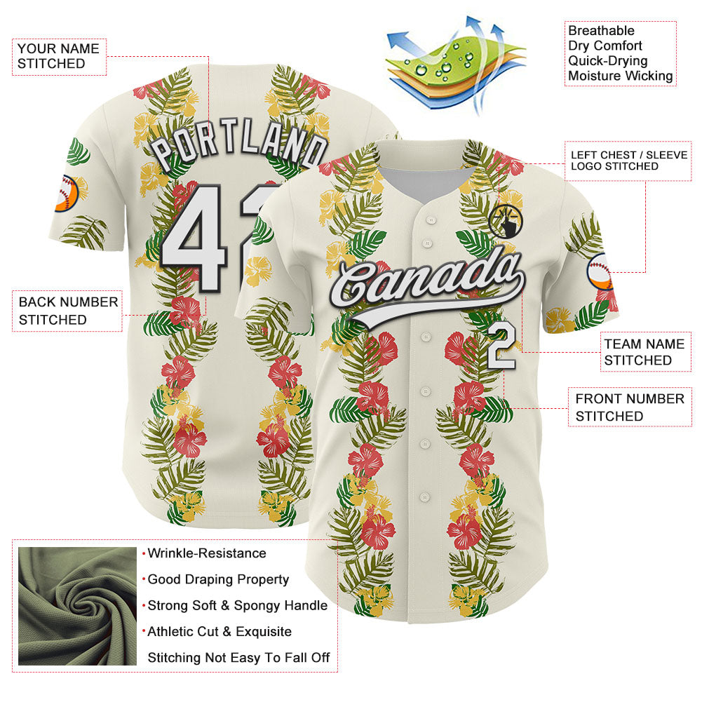 Custom White Black 3D Tropical Hawaii Leaves And Flower Authentic Baseball Jersey - Sky-Custom