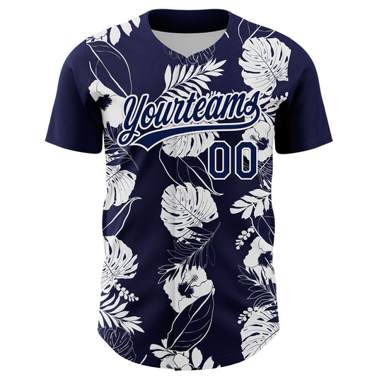Custom Navy White 3D Tropical Hawaii Leaves And Flower Authentic Baseball Jersey - Sky-Custom