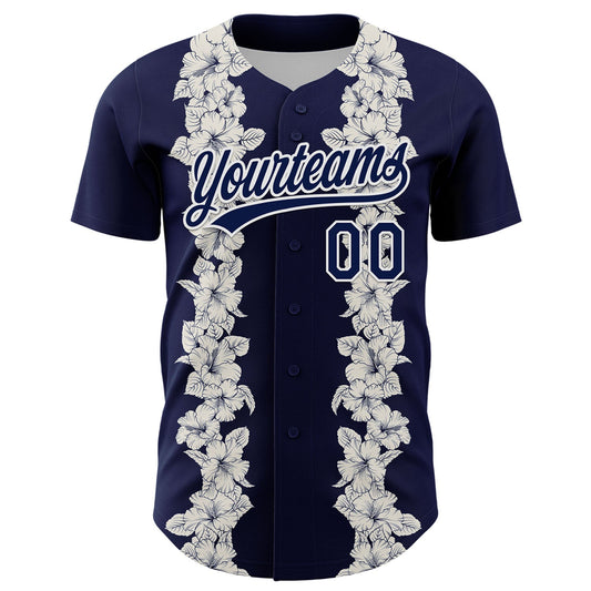 Custom Navy White 3D Tropical Hawaii Leaves And Flower Authentic Baseball Jersey - Sky-Custom