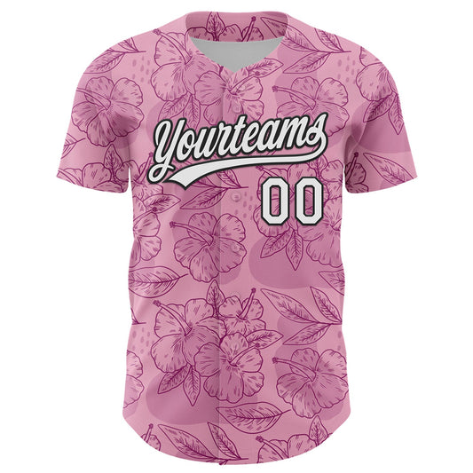 Custom Light Pink White-Black 3D Tropical Hawaii Jungle Leaves And Flower Authentic Baseball Jersey - Sky-Custom