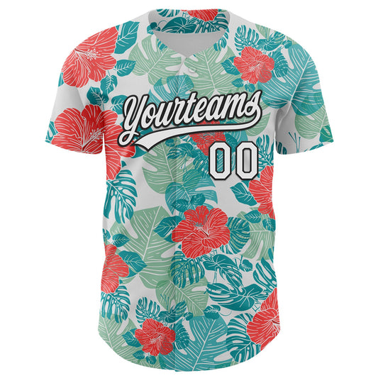 Custom White Black 3D Tropical Hawaii Jungle Leaves And Flower Authentic Baseball Jersey - Sky-Custom
