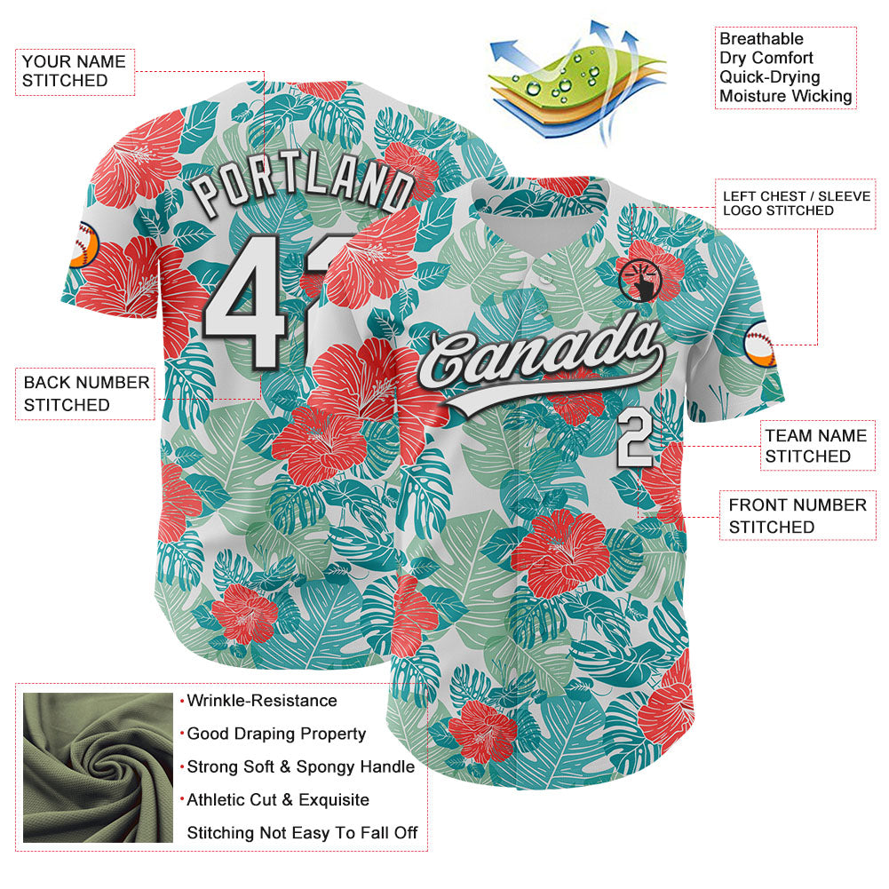 Custom White Black 3D Tropical Hawaii Jungle Leaves And Flower Authentic Baseball Jersey - Sky-Custom