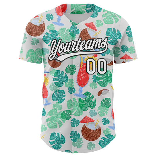 Custom White Black 3D Tropical Hawaii Jungle Leaves And Flower Authentic Baseball Jersey - Sky-Custom