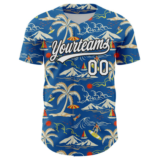 Custom Blue White-Black 3D Tropical Beach Island Hawaii Palm Tree Authentic Baseball Jersey - Sky-Custom