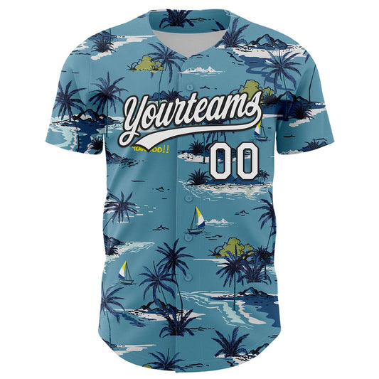 Custom Shadow Blue White-Black 3D Tropical Beach Island Hawaii Palm Tree Authentic Baseball Jersey - Sky-Custom