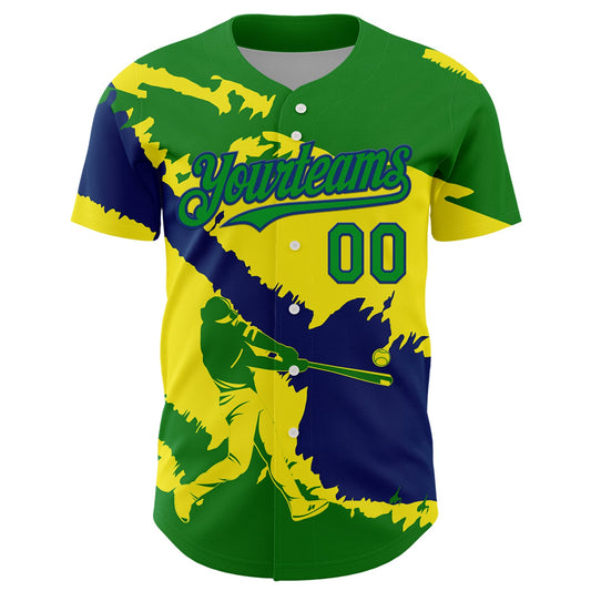 Custom Grass Green US Navy Blue-Light Yellow 3D Brazil Brazilian Flag Authentic Baseball Jersey - Sky-Custom