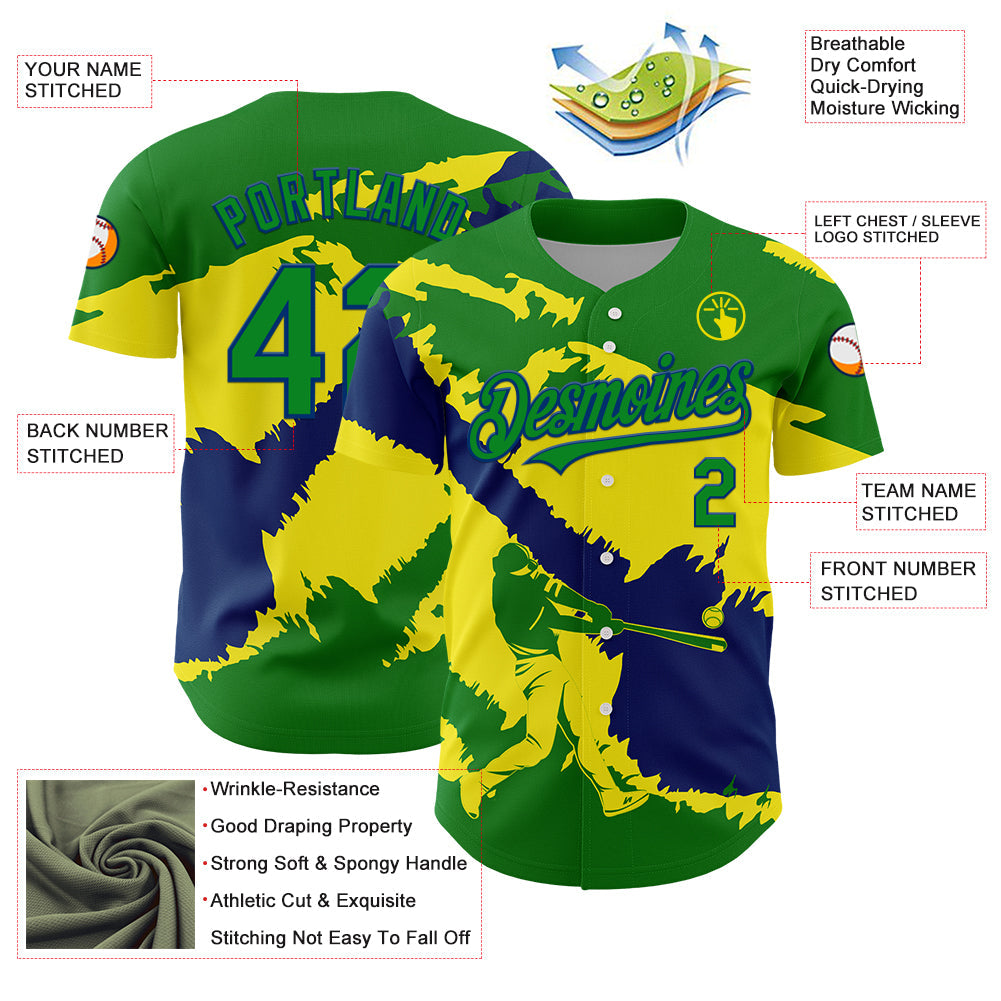 Custom Grass Green US Navy Blue-Light Yellow 3D Brazil Brazilian Flag Authentic Baseball Jersey - Sky-Custom