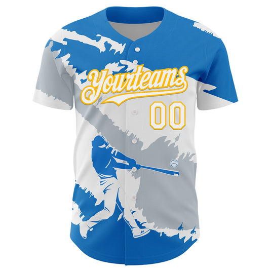 Custom Electric Blue Gold-Silver 3D Nicaragua Nicaraguan Flag Authentic Baseball Jersey - Sky-Custom
