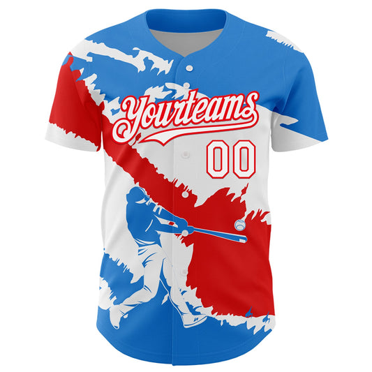 Custom Electric Blue White-Fire Red 3D Puerto Rico Puerto Rican Flag Authentic Baseball Jersey - Sky-Custom