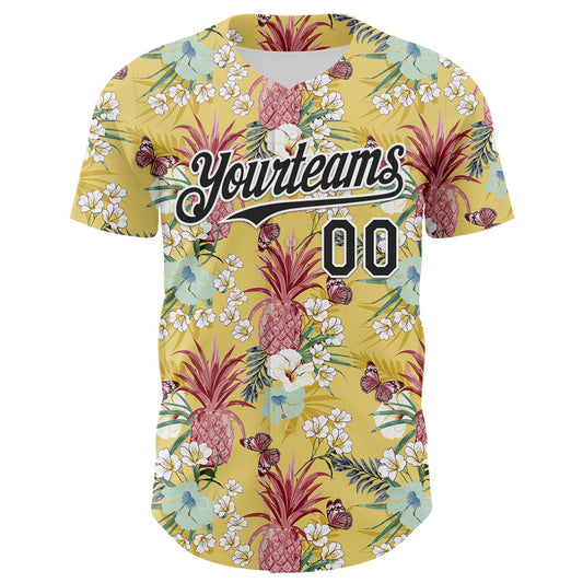 Custom Yellow Black-White 3D Hawaii Tropical Leaves Flower Pineapple Authentic Baseball Jersey - Sky-Custom