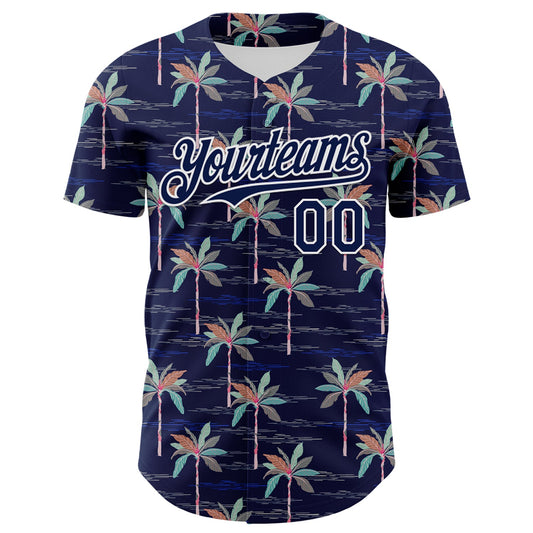 Custom Navy White 3D Hawaii Beach Tropical Palm Tree Authentic Baseball Jersey - Sky-Custom