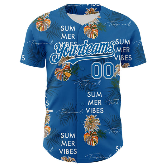 Custom Blue White 3D Hawaii Tropical Leaves Summer Vibes Authentic Baseball Jersey - Sky-Custom