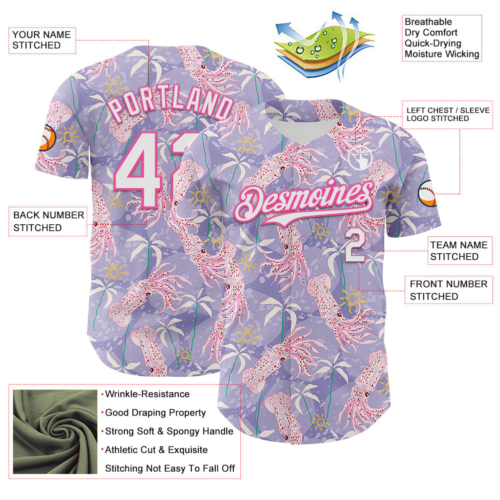 Custom Light Purple White-Pink 3D Hawaii Beach Tropical Octopus Authentic Baseball Jersey - Sky-Custom