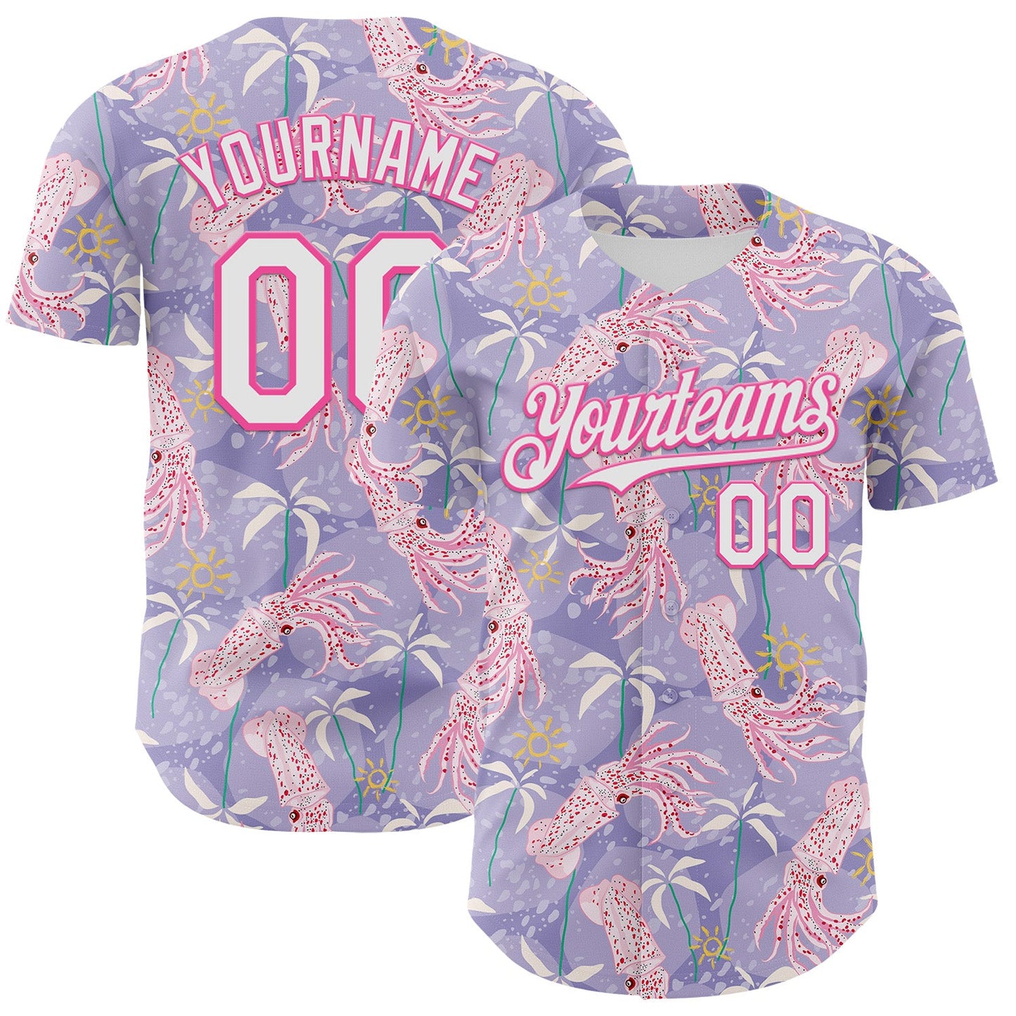 Custom Light Purple White-Pink 3D Hawaii Beach Tropical Octopus Authentic Baseball Jersey - Sky-Custom