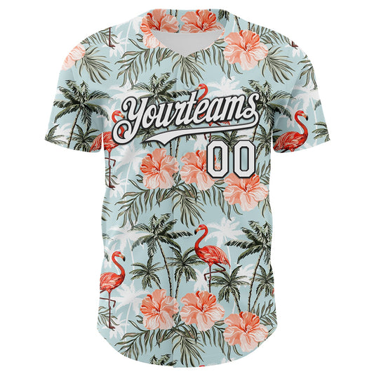 Custom Shadow Blue White-Black 3D Hawaii Tropical Palm Tree Flamingo Authentic Baseball Jersey - Sky-Custom