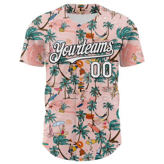 Custom Medium Pink White-Black 3D Hawaii Beach Tropical Palm Tree Surfing Authentic Baseball Jersey - Sky-Custom