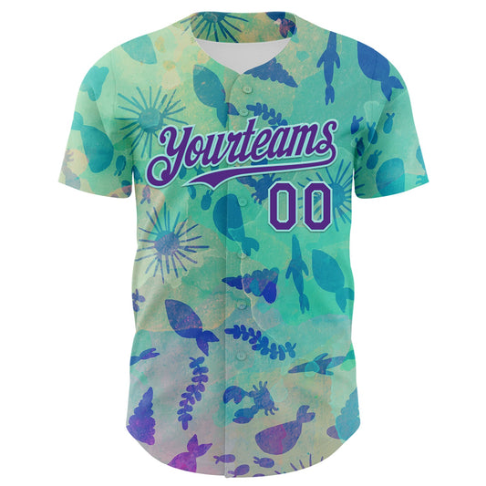 Custom Ice Blue Purple 3D Hawaii Tropical Marine Creature Authentic Baseball Jersey - Sky-Custom