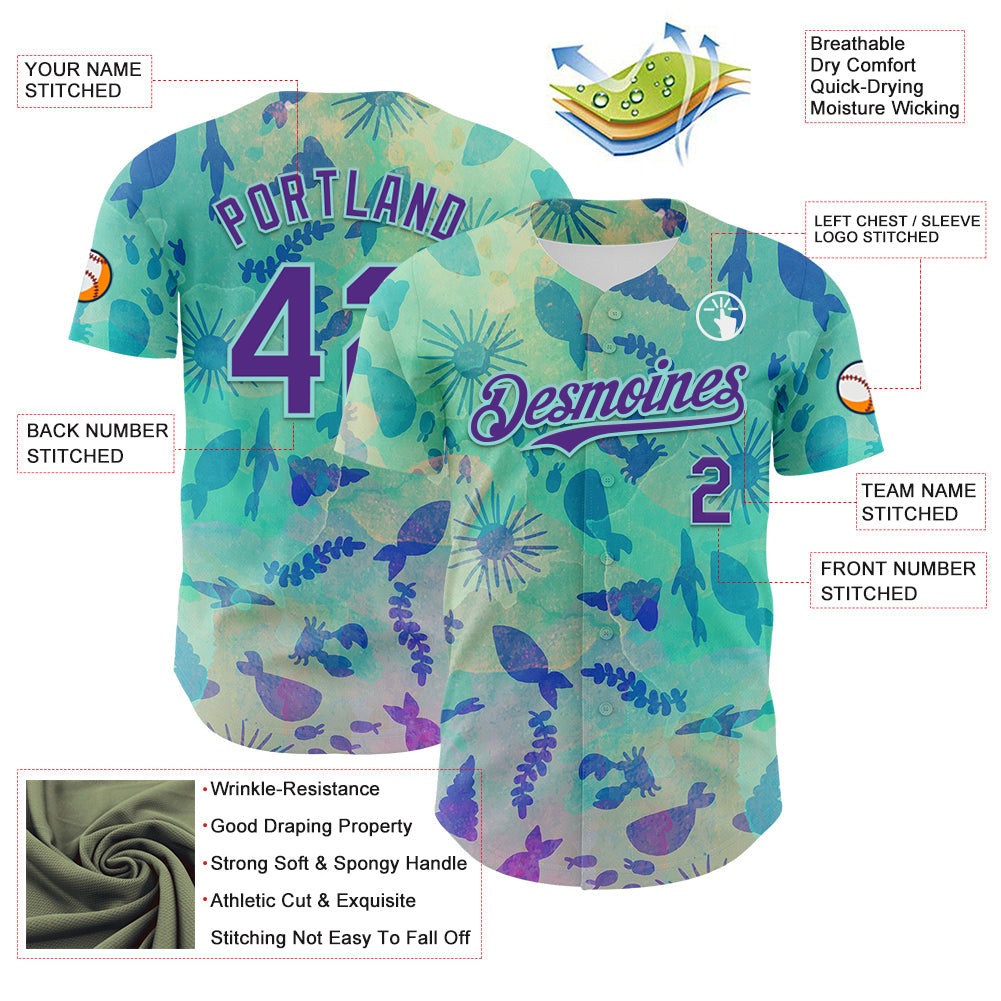 Custom Ice Blue Purple 3D Hawaii Tropical Marine Creature Authentic Baseball Jersey - Sky-Custom