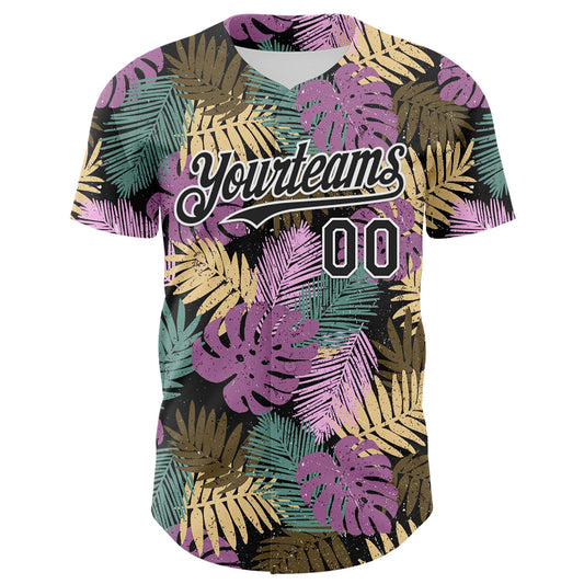 Custom Black White 3D Hawaii Tropical Palm Leaves Authentic Baseball Jersey - Sky-Custom