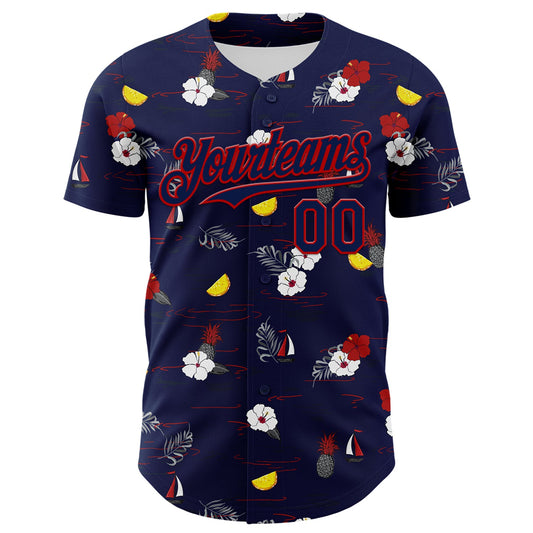 Custom Navy Red 3D Hawaii Tropical Leaves And Flowers Authentic Baseball Jersey - Sky-Custom