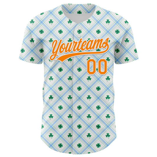 Custom White Bay Orange-Green 3D St. Patrick's Day Shamrock Authentic Baseball Jersey - Sky-Custom