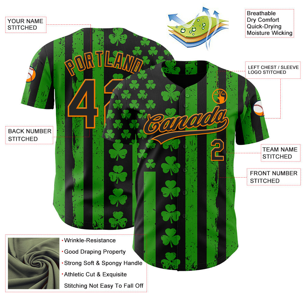 Custom Green Black-Bay Orange 3D St. Patrick's Day Shamrock Authentic Baseball Jersey - Sky-Custom