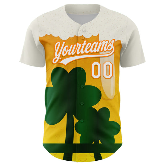 Custom White Bay Orange-Green 3D St. Patrick's Day Shamrock Beer Authentic Baseball Jersey - Sky-Custom