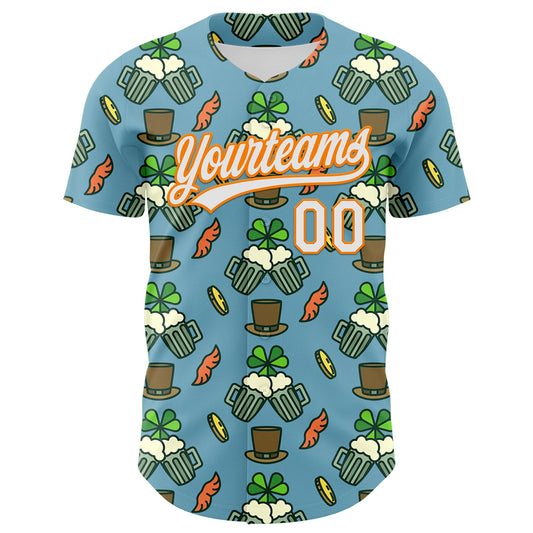 Custom Shadow Blue White-Bay Orange 3D St. Patrick's Day Shamrock Beer Authentic Baseball Jersey - Sky-Custom